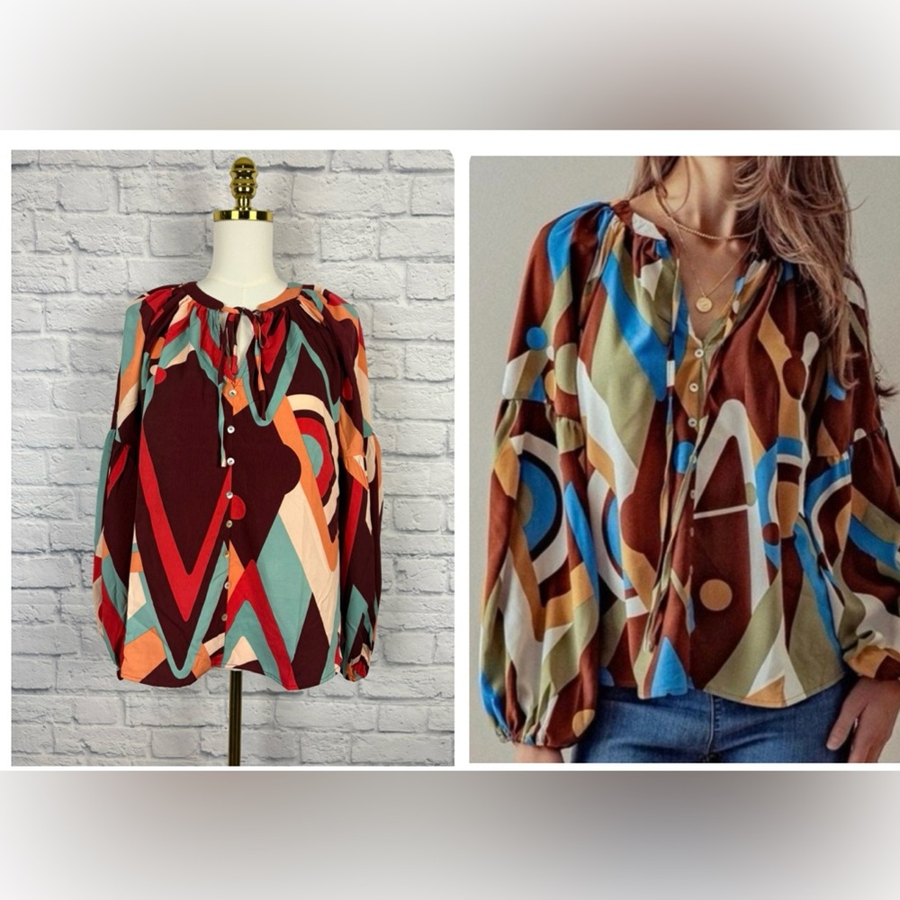 NWT August Sky Geometric Print Long Balloon Sleeve Blouse Size M